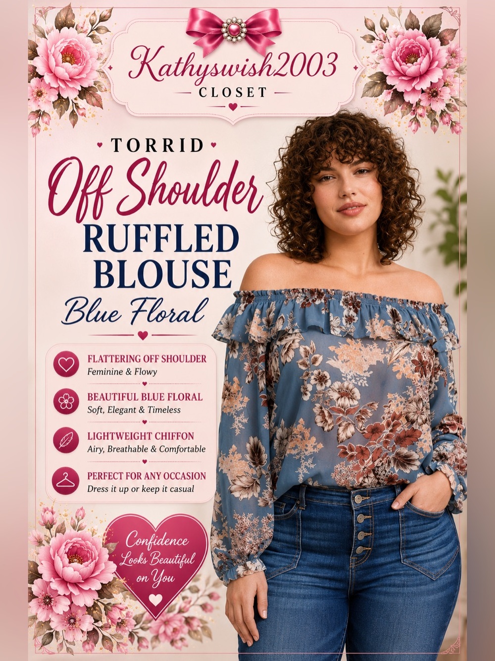 Torrid Crinkle Chiffon Blue Floral Ruffled OFF Shoulder Relaxed Blouse 4…